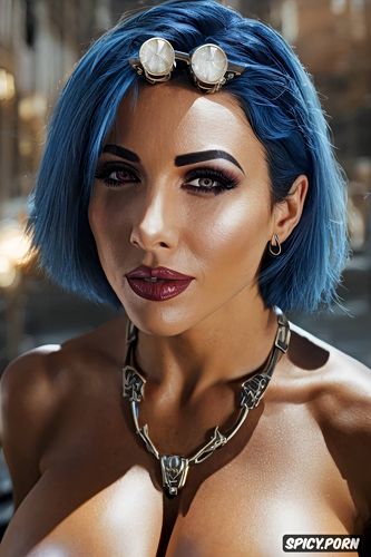 sharp focus, stunning face, blue hair, short hair, see through clothes