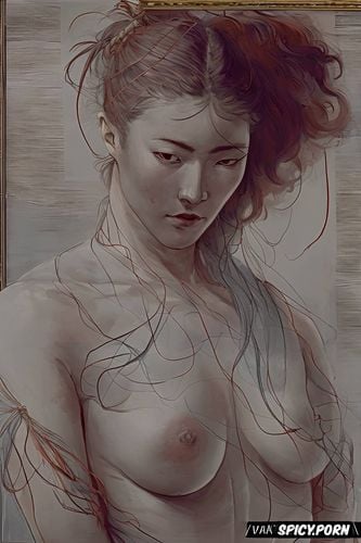 rembrandt painting, egon schiele painting, strong arms, japanese woman nude