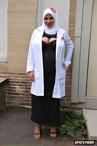 apple body type, standing, nurse with hijab, totally naked, saggy big tits