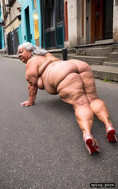 midget, 75 years old lady, in the street, wrinkled face, obese
