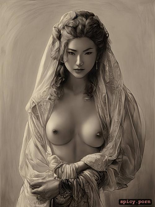 charcoal, small tits, intricate boobs, side portrait, black and white