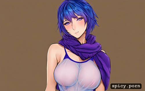 3dt, blue hair, highres, hy1ac9ok2rqr, pretty naked female, scarf