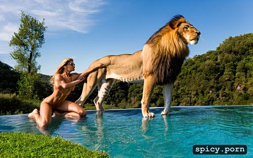 freckles, realistic, female strenght, nude extreme muscular woman fight a lion