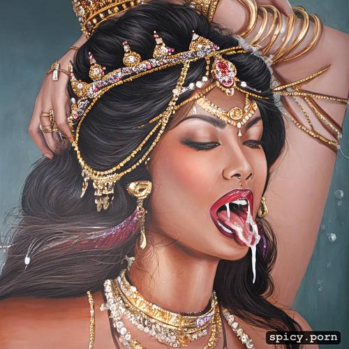 nude, cum on tongue, crown on head, with multiple hands, midjourney diffusion