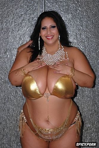 gold and silver and pearls jewelry, busty1 65, color photo, performing in an oriental bazaar