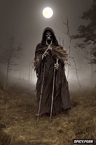 some meters away, haunted clearing at night, scary glowing grim reaper