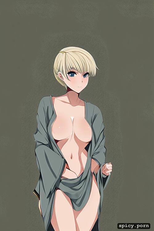 undressing, white blond with pixie hair cut, japanese female