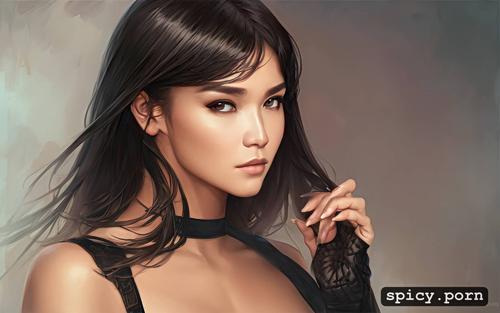 casual black clothing, smooth, alex ross, lifelike, filipina woman with detailed face