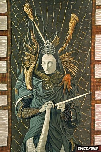 tapestry, medieval art, knight, princess demon, low resolution