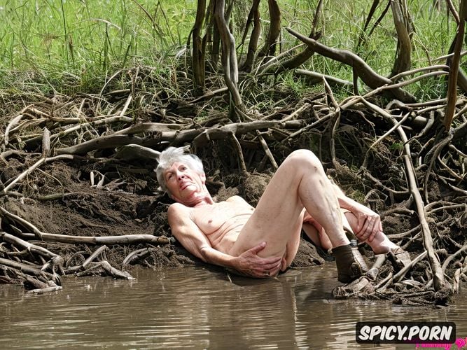 gray pussy, small hanging empty breasts, laying on back in mud