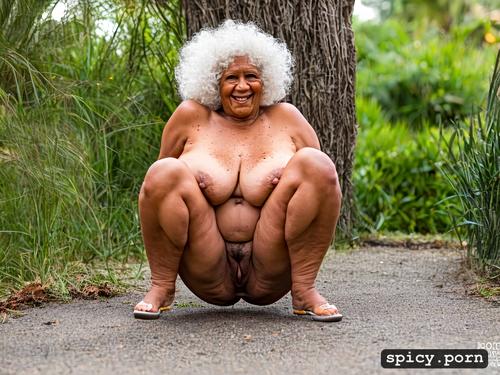 field of view 12 degrees, short hair, 80 years old, obese, flabby loose thighs