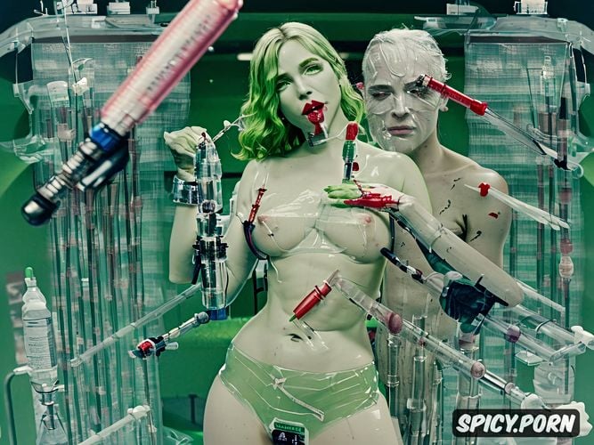 beautiful blonde, clear tubes with iv needles injecting green slime into her swollen nipples 1 8