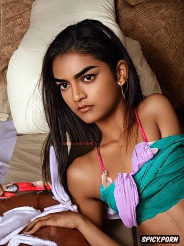 a gujju undersized petite skinny teen with hairy eyebrows and middle parted straight hair is seducingly ejecting her underwear to reveal her vagina while tidying up the house