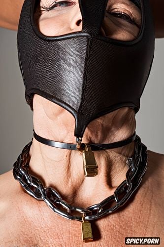 chained by her neck, detailed skin, collared, black hair, wrinkles