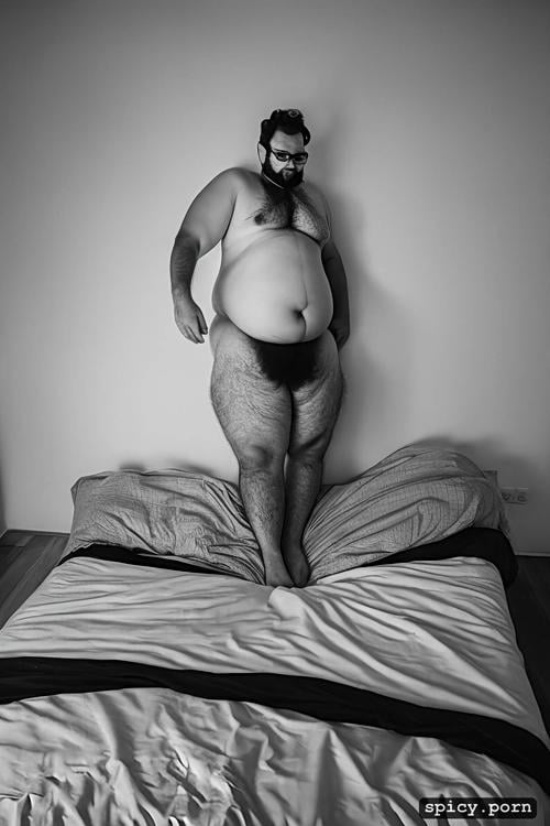 in bed room, naked, show large testicle, short person, whole body