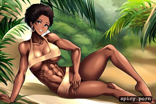big nose, medium boobs, a big smile, abs, spreading legs, sitting in a tropical forest