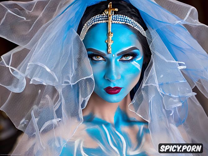 blue long hair, blue bodypainting, withe wedding dress with a blue veil
