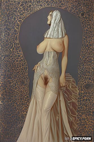 art nouveau, very transparent dress with long slit, giger s balthus s full length figure