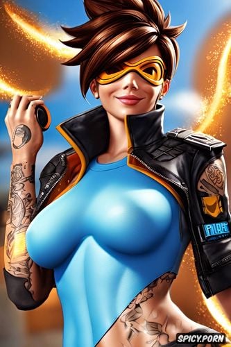 tight yoga pants, tracer overwatch beautiful face full body shot