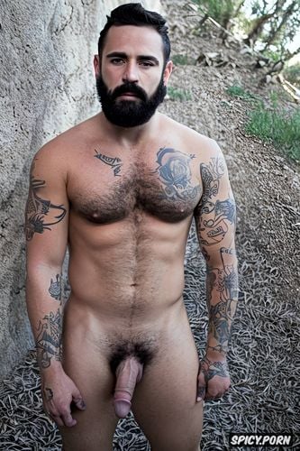 hombre solo super realista cuerpo atletico musculoso barba cerrada musculoso barzos tatuados desnudo superdotado pene grande erecto xxl