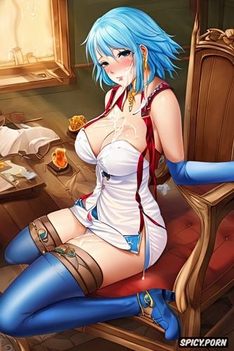 blue faded hair, pirate women wearing open top blouse, sitting in chair with legs on table