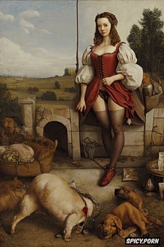 very hairy pussy, red lingerie, upskirt, puppy dog look, painting in the style of pieter bruegel de oude