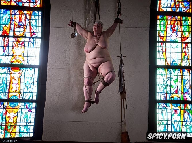 old granny nude, fat obese, stained glass windows, crucifix in pussy