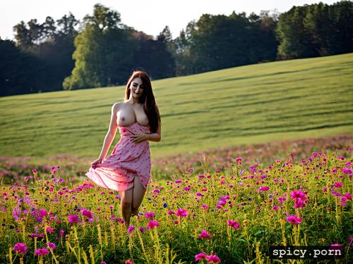 thin, sunny day, small boobs, light pink sundress, pussy, skipping through a pasture with flowers