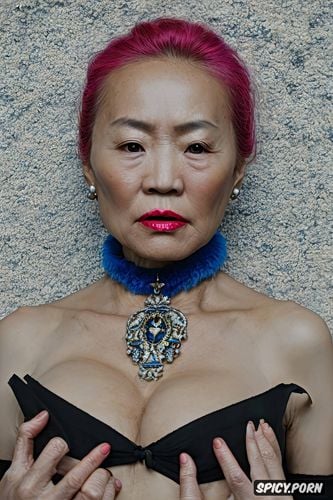 eye color blue she wears a fur choker necklace, face photo 90 year old mongolian woman with round facial features and high cheekbones