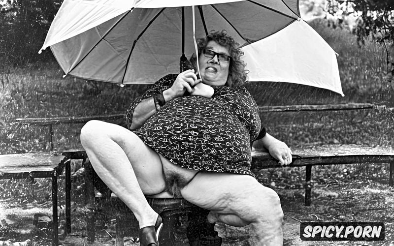 rain storm and lightning, very old ssbbw, a heavy rain wets the body of the fat old woman