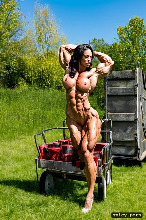 nude muscle woman pulling a big cart, freckles, female strenght