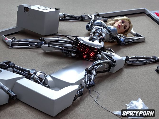 damaged sexy blonde robot, fully robotic body, sparks from damaged face