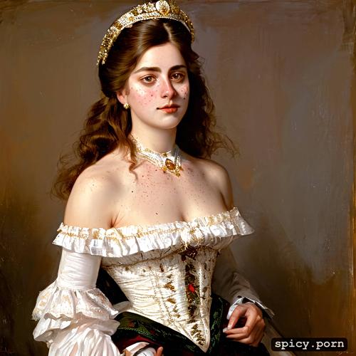 sweating, ilya repin painting, glossy eyes, freckles, elaborate court dress