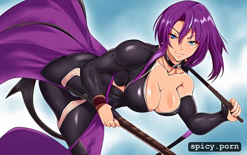 purple hair, small breasts, fitness model, dnd rogue, tan, black leather
