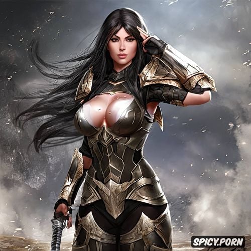 metal armor, female warrior, long blackhair, gaint perfect ass