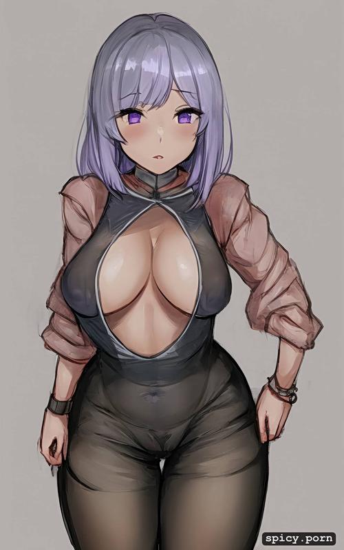gray hair, bodysuit, purple eyes, see through clothes, pastel colors
