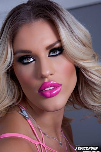 huge botox lips, thick pink makeup, pink lipstick, covered in pink makeup