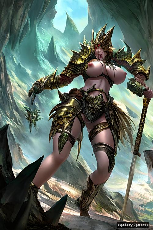 cavern, armor, fearfull look, big breast, allien monster groping chained prisoner woman s boobs