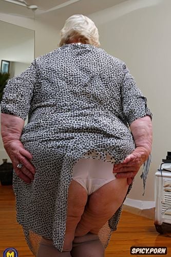 best quality, intricate, huge massive saggy ass, squatting, ass rolled up old slut face face turned sideway white