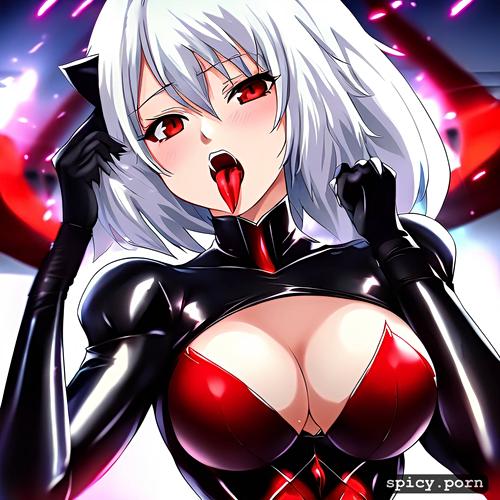 red eyes, cat woman, ahegao, black dress, short hair, android