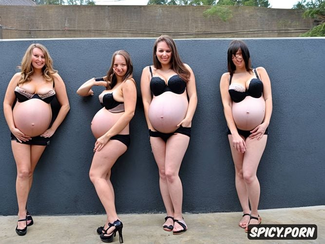 a group of pregnant teens with large hanging boobs posing in front of a wall