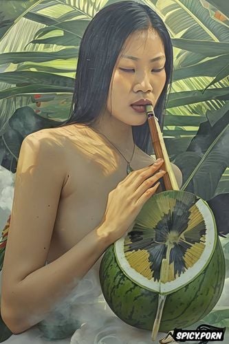 tropical rainforest, polaroid photography, smoke, vietnamese woman playing flute