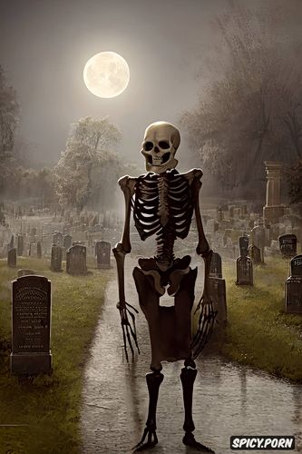 spooky haunting standing human skeleton, foggy, full body moonlight