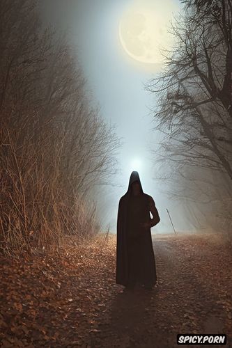 some meters away, scary glowing grim reaper, moonlight, realistic