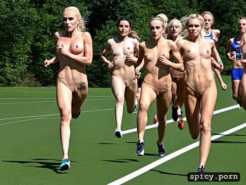 every woman naked, competition, sharp focus, nude teen women olympic track runners competing in a race naked