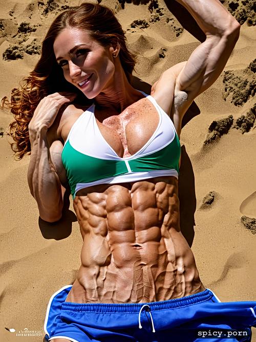 super lean defined abs, hands behind the head, green eyes, smiling