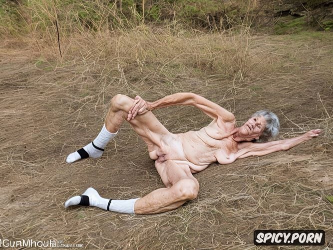 socks, nude, short gray hair, 90 years old, showing pussy, laying on back