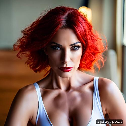 fit body, red lipstick, red hair, sexy lingerie, mi̇lf, visible nipple