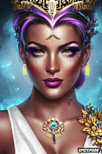 sombra overwatch beautiful face young tattoos flowing low cut white greek robes golden greek wreath crown busty smirking portrait