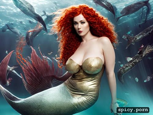 curly ginger hair, large breasts, underwater, realistic, mermaid tail